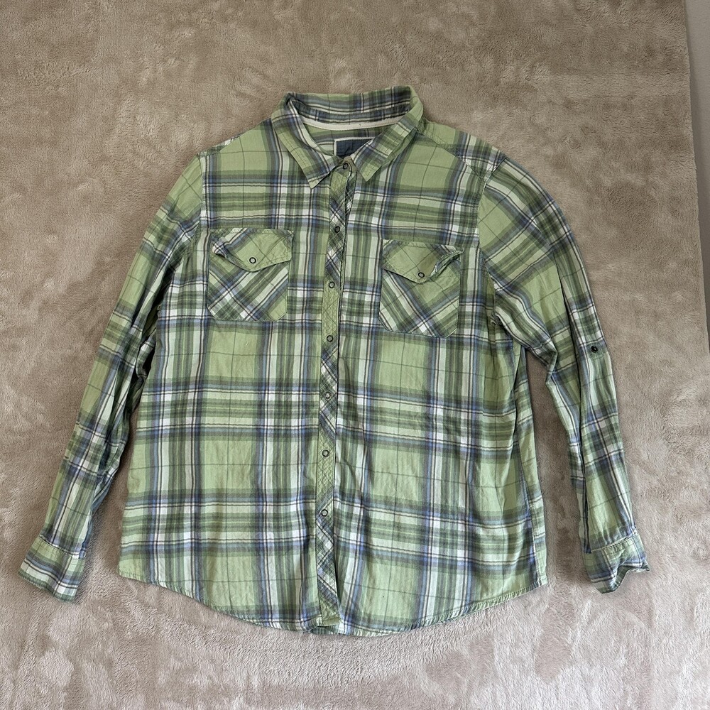 Arizona Jean Co Shirt Womens 1X Green Plaid Button Up Roll Tab Long Sleeve